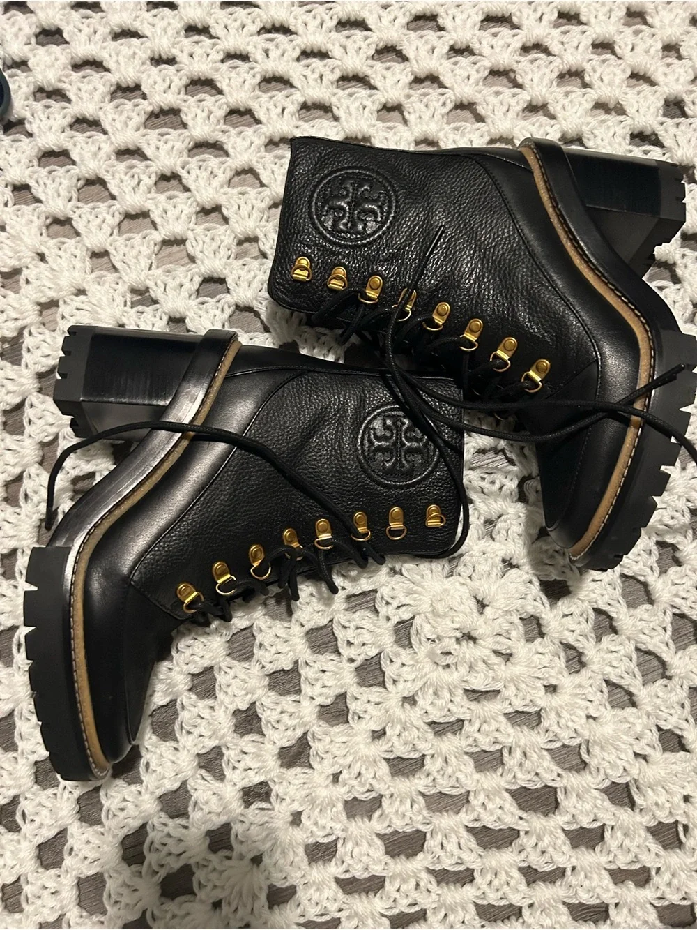 Tory Burch Black Leather Lace-Up Lug Ankle Boots with Gold Hardware